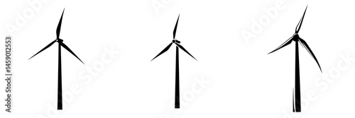 Flat black icon depicting three wind turbines standing in a row against a minimalistic backdrop to symbolize renewable energy