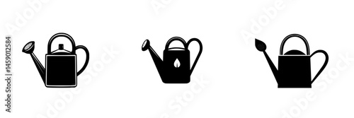 Collection of flat black watering can icons suitable for gardening and plant care themes