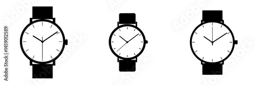 Stylish flat black icons of watches showcasing different designs and sizes for timekeeping and fashion purposes