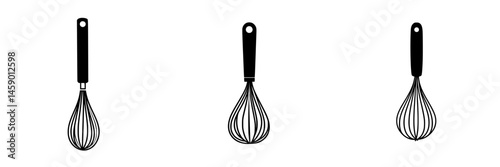 Flat black whisk icons designed for culinary use featuring varying shapes and styles for versatile cooking applications