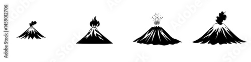 Black icon set representing volcanic eruptions in various stages and intensities for educational or design use