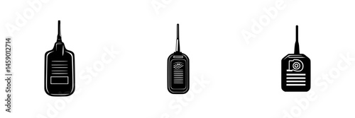 Flat black icons representing various labels with rectangular shapes and distinct features enclosed in a simple design