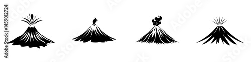 Volcano icons representing different stages of eruption in a flat black design suitable for graphic applications