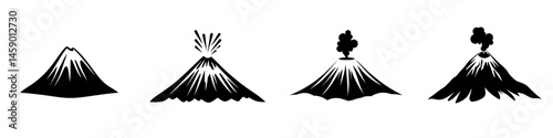 Various flat black volcano icons representing different volcanic activities and formations in a simple, minimalist design style