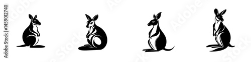 Stylized flat black kangaroo icons showcasing various poses