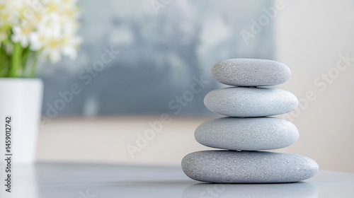Serene stack of four grey stones on a table, blurred white flowers in background, minimalist zen concept image. : Generative AI photo