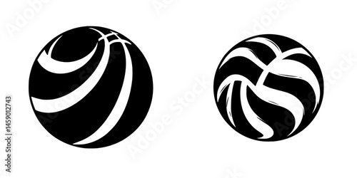 Black icon designs featuring two distinct ball shapes representing sports activities and teamwork dynamics in modern graphics