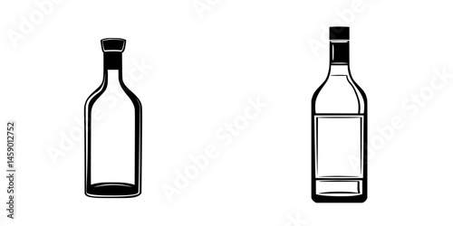 Flat black icons of two different types of bottles with distinct shapes and neck designs for graphic design use