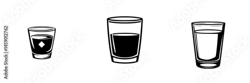 Set of three flat black icons representing different types of drink glasses in a minimalist style