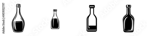 Icon collection featuring various flat black bottles arranged in a linear design suitable for minimalist themes and graphic applications
