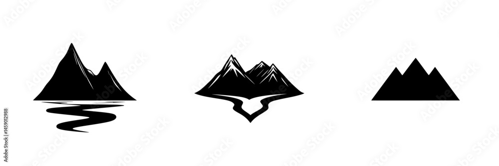 Fototapeta premium Stylized flat black icons depicting mountain landscapes with water and valley designs