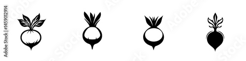 Flat black icons of various root vegetables designed in minimalist style for culinary and agricultural themes