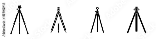 Various flat black icons of tripods representing equipment used in photography and surveying settings