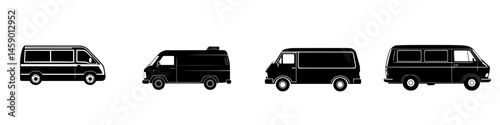 Different styles of flat black vans lined up in a minimalist design showcasing vehicle silhouettes