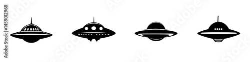 Flat black icons illustrating different styles of UFOs, showcasing varying designs and shapes in a minimalist art form