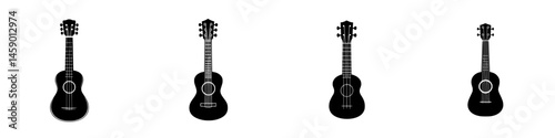 Collection of flat black icons featuring various acoustic guitar designs arranged horizontally in a minimalist style