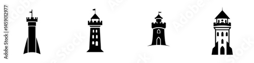 Various flat black tower icons showcasing distinct architectural styles and designs for creative projects or digital uses