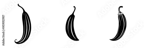 Stylized flat black chili pepper icons suitable for culinary design and food labeling in various creative projects