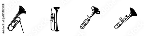 Flat black icons of musical instruments featuring various types of brass tubes in different positions