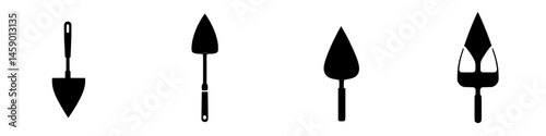 Various flat black icons of garden tools including trowels and spades in different designs and orientations for gardening activities