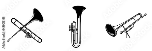 Musical instruments displayed in flat black icon style showcasing various brass wind instruments for educational or graphic design purposes