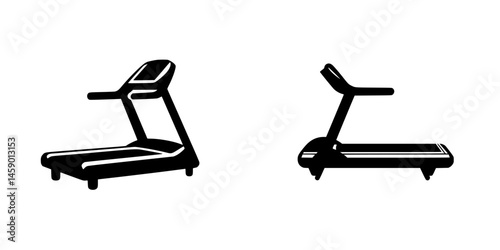 Flat black icons of different treadmill designs for fitness and exercise applications