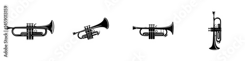 Flat black icons of trumpets arranged in a row showing different angles and details of design