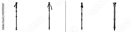Flat black icons of hiking poles displayed in different orientations for outdoor activities