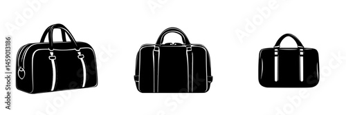 Flat black icons depicting three distinct styles of travel bags suitable for various occasions and activities