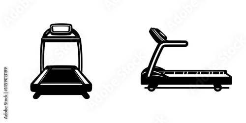 Black icons of a treadmill and a running machine for fitness applications and gym designs