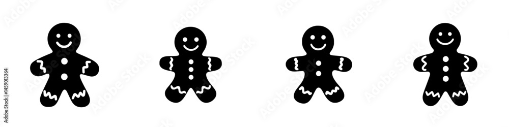 Gingerbread cookie icons in flat black style perfect for festive decorations or holiday themes