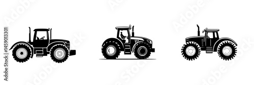 Collection of flat black tractor icons representing agricultural machinery with various designs and details