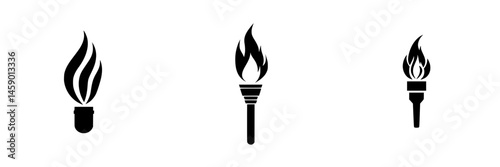 Flat black icons of classic torch designs with flames depicting traditional symbols of light and energy