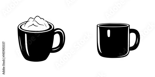 Stylized flat black icons of a coffee mug with whipped cream and an empty mug for beverage design
