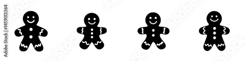 Gingerbread cookie icons in flat black style perfect for festive decorations or holiday themes