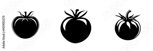Black icons of three distinct tomato shapes showcasing variety in design for culinary or agricultural applications