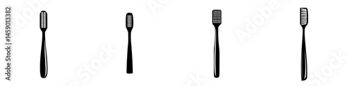 Collection of flat black toothbrush icons in various designs for dental hygiene illustration