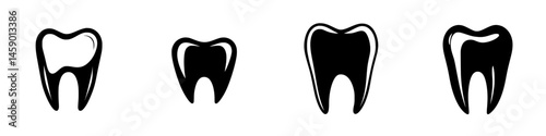 Different styles of flat black tooth icons suitable for dental-related designs and branding in various applications