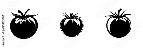 Black icon set representing three varieties of tomatoes on a plain background
