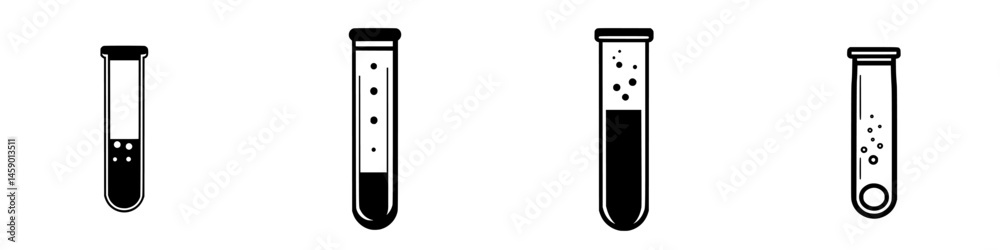 Obraz premium Flat black icon collection featuring laboratory test tubes with varying liquid levels and designs for scientific illustration