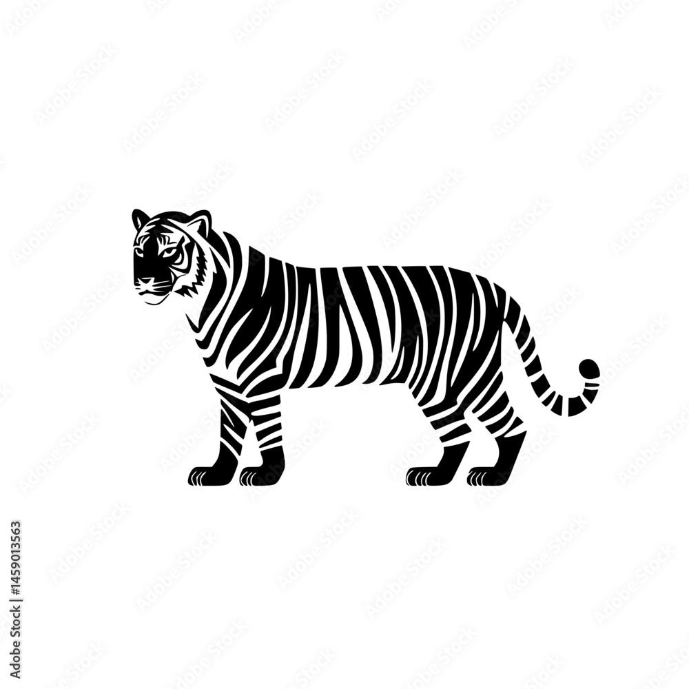 Obraz premium Flat black silhouette of a tiger standing on a plain background, showcasing its majestic form and distinctive stripes