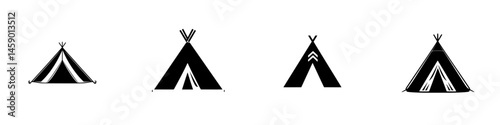 Flat black icons of tents representing various styles and designs suitable for camping, outdoor events, or themed gatherings
