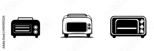 Collection of flat black icons representing various types of toasters and toaster ovens for kitchen design