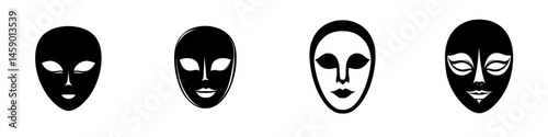 Diverse flat black icon designs representing various facial expressions and styles