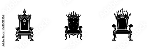 Black flat icons depicting three ornate thrones with unique designs showcasing royal and regal aesthetics