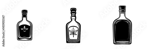 Flat black icons of alcohol bottles representing various types and designs for digital use in graphic projects