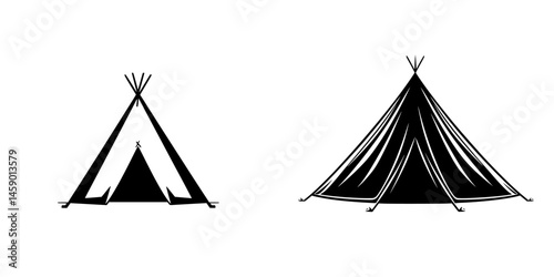 Flat black icons of teepee and tent designs suitable for camping themed projects