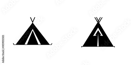 Flat black icon featuring traditional tent designs with and without an arrow symbol, conveying a sense of outdoor adventure