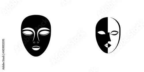 Black flat icons depicting abstract masks showcasing different facial features and designs in a minimalist style
