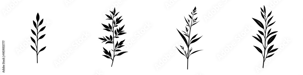 Flat black icons of various plant stems arranged in a row showcasing simple botanical design elements for illustration and decoration Flat black icons of various plant stems arranged in a row showcasing simple botanical design elements for illustration and decoration